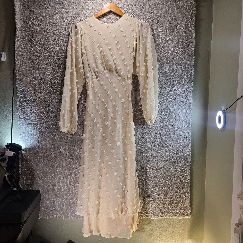 Chicwish Cotton Candy Sheer Midi Dress‎ Cream Textured Long sleeve Size XS Boho